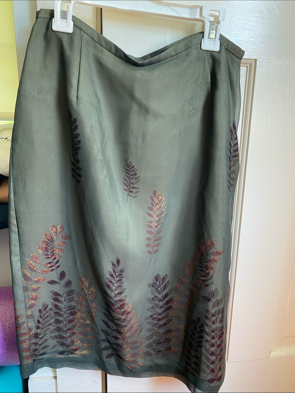 Alfani Olive Green Midi Skirt with Purple & Copper Leaf Motif
